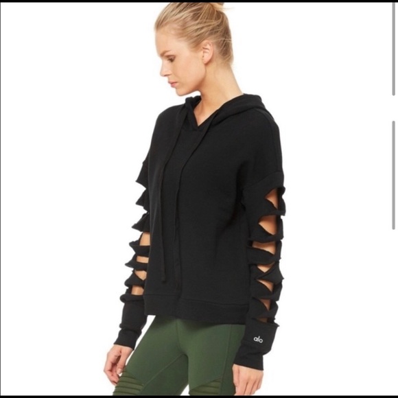 ALO Yoga Slay Slashed Black Long Sleeve Hoodie - Picture 3 of 4